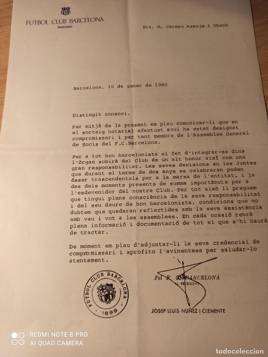 Coleccionismo deportivo: F. C. Barcelona. Designaci&oacute;n compromisaria. &Eacute;poca Nu&ntilde;ez - Foto 1
