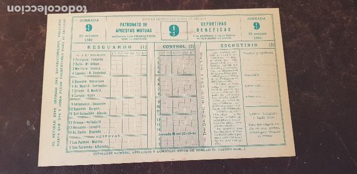 Coleccionismo deportivo: QUINIELA JORNADA 9 22 DE OCTUBRE DE 1961 - Foto 1