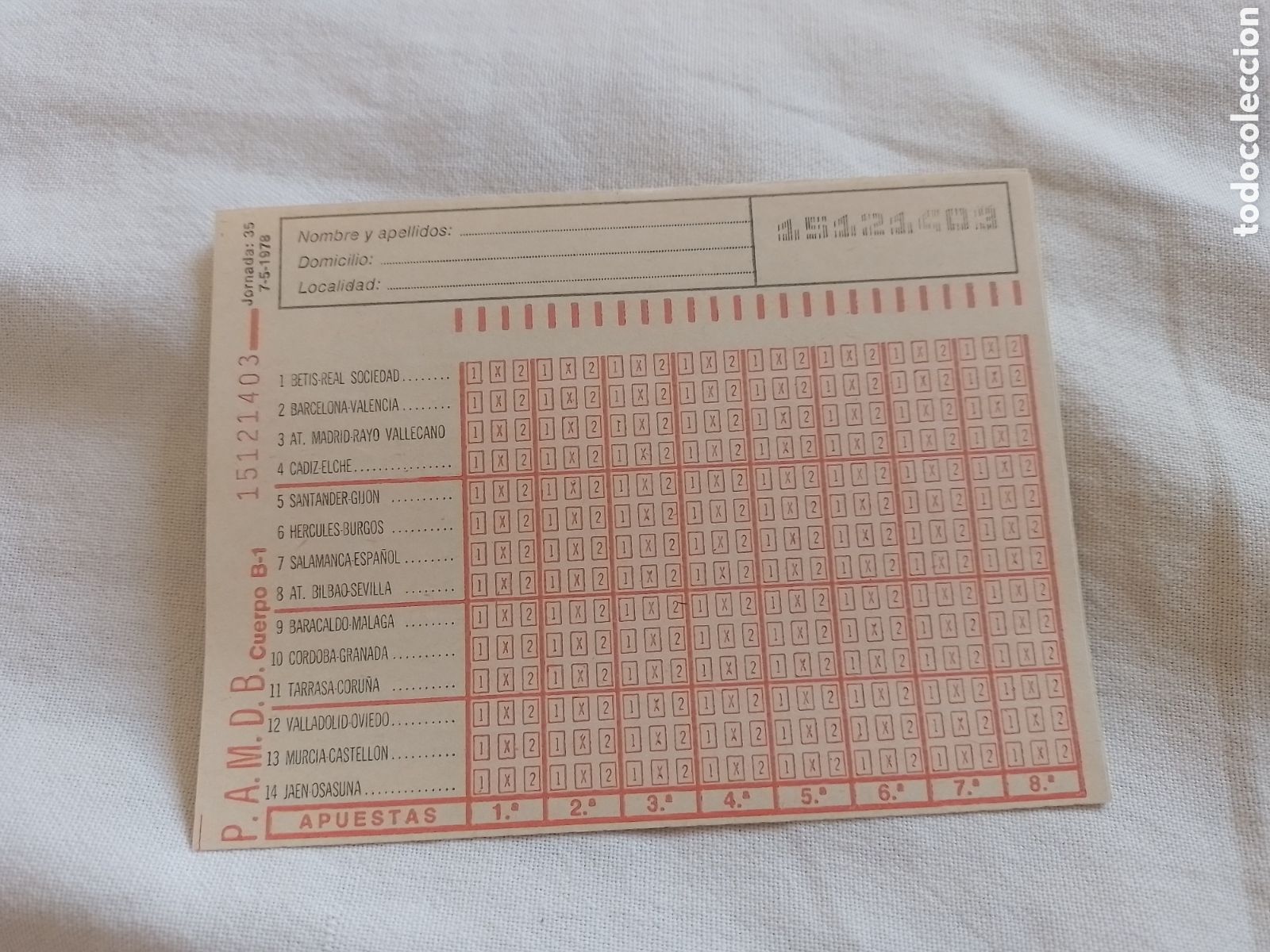 Coleccionismo deportivo: Quiniela 7/5/1978 Jornada 35 sin rellenar - Foto 1