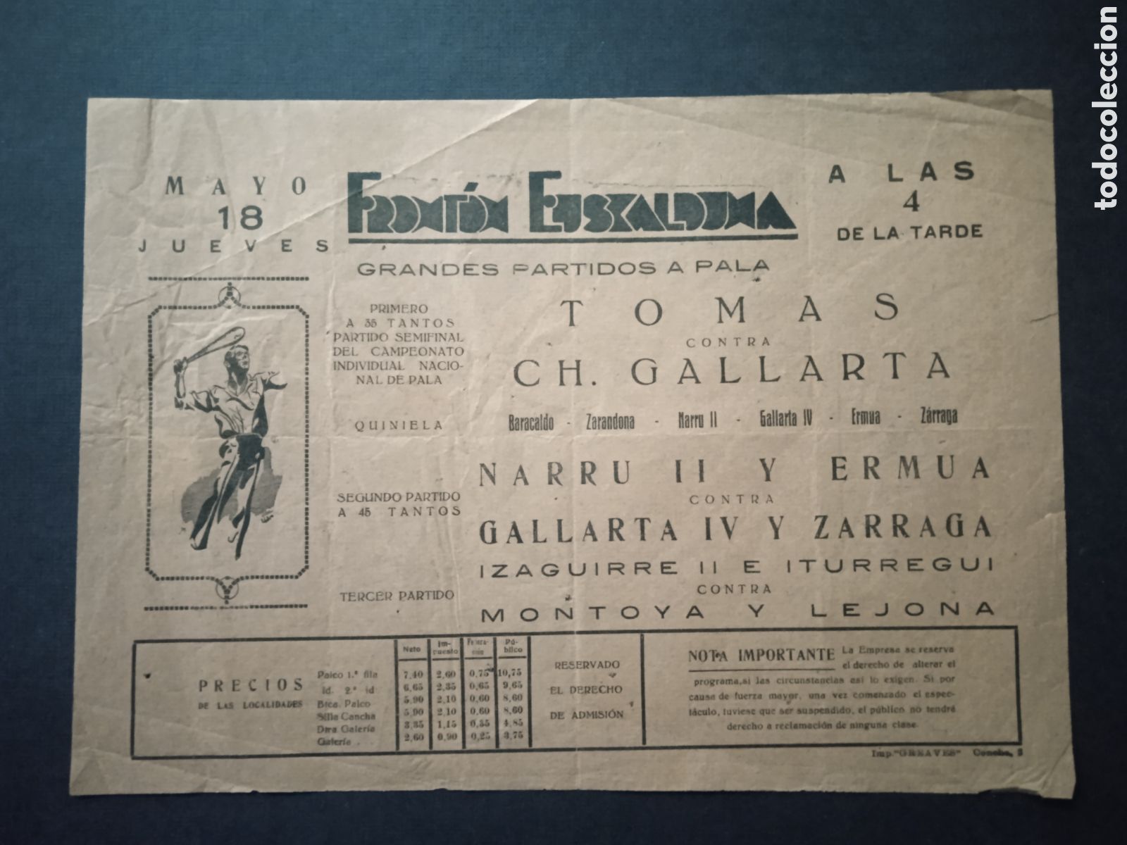 Coleccionismo deportivo: FRONT&Oacute;N EUSKALDUNA. GRANDES PARTIDOS DE PALA. A&Ntilde;OS 30 - Foto 1