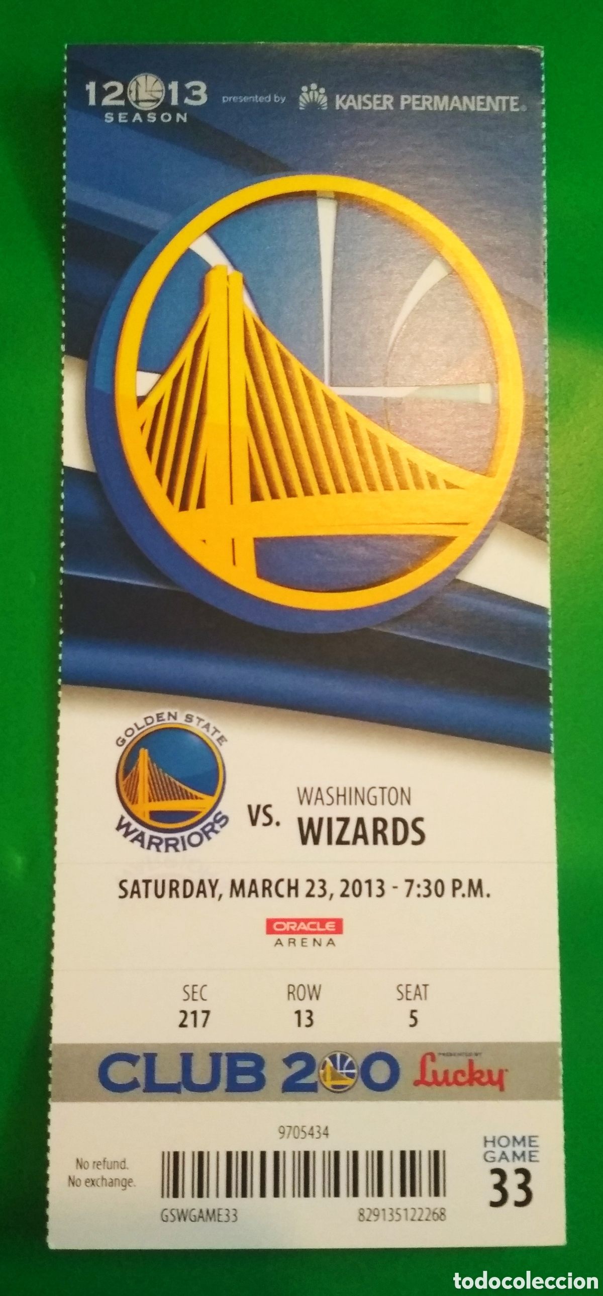 Coleccionismo deportivo: Entrada NBA golden state Warriors Washington wizards 2013 - Foto 1