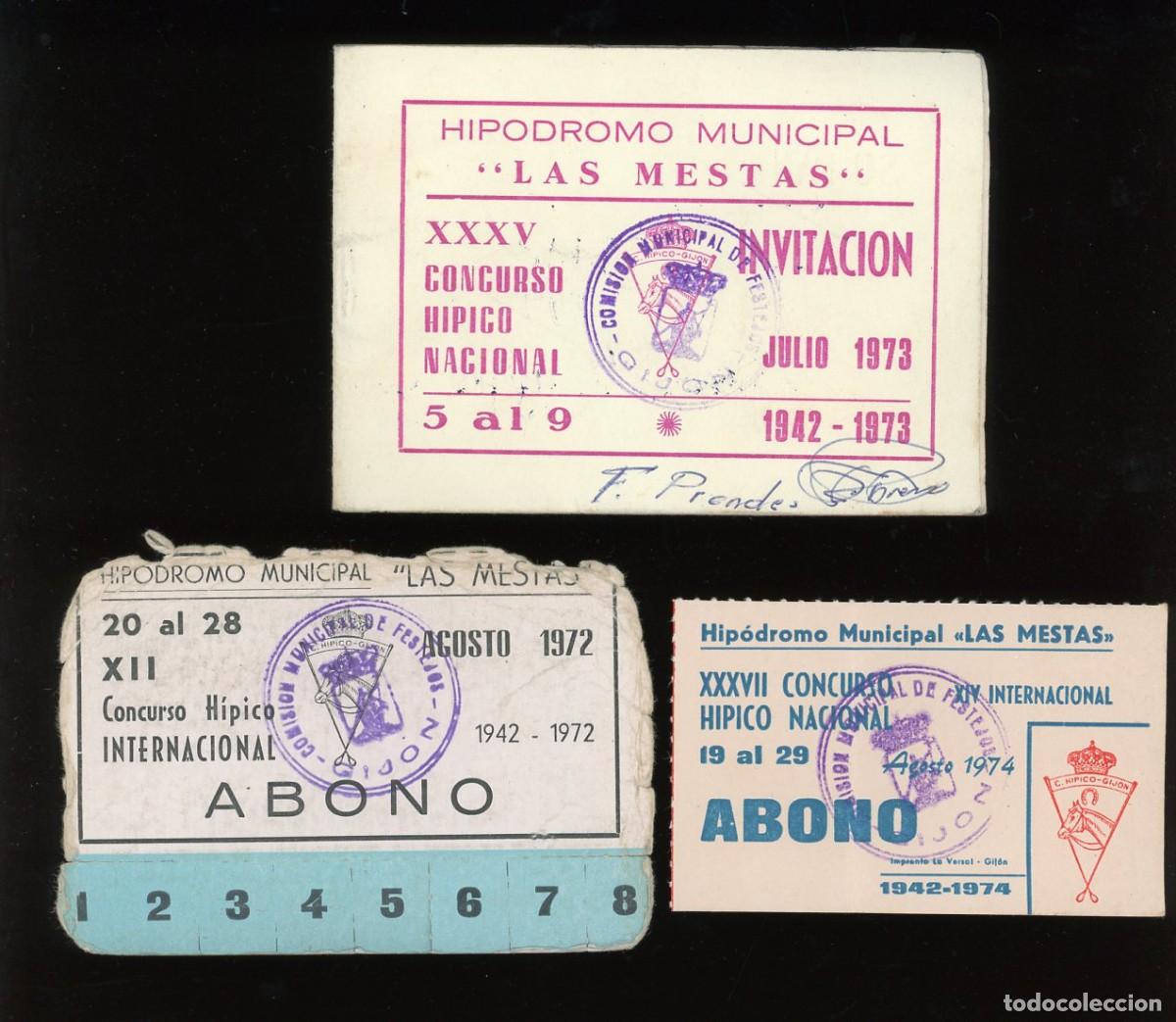 Sports collectibles: GIJON. ASTURIAS. 3 ABONO CONCURSO HIPICO. HIPODROMO MUNICIPAL LAS MESTAS. 1972, 1973 Y 1974
