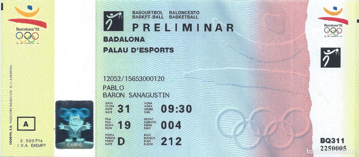 Coleccionismo deportivo: Entrada Olimpiada 1992 de Barcelona - Baloncesto - Barcelona 92 &iexcl;Impecable! - Foto 1