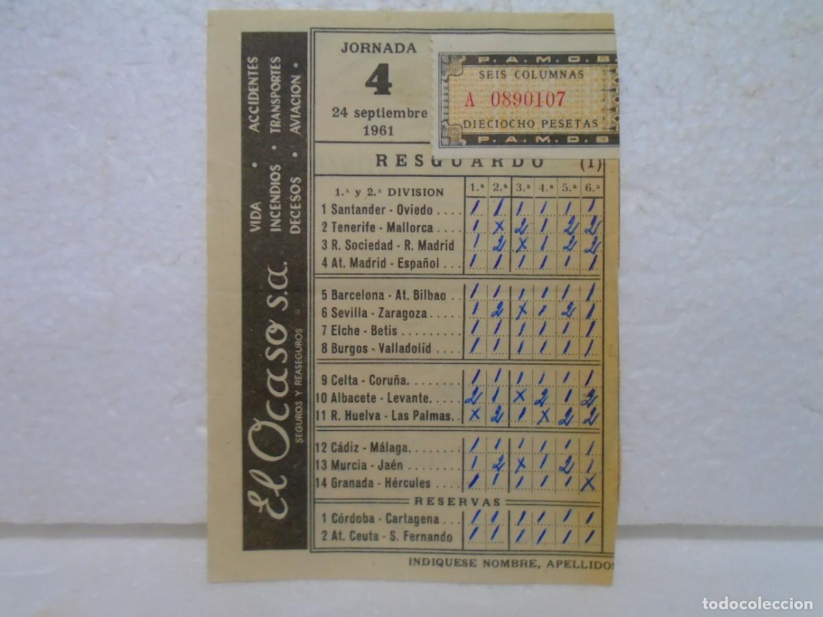Coleccionismo deportivo: FUTBOL.RESGUARDO DE QUINIELA SELLADA 1961. - Foto 1