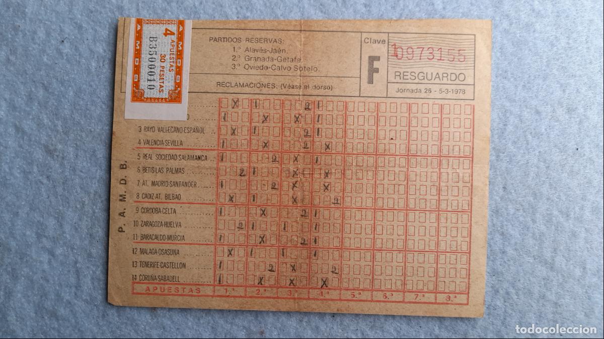 Coleccionismo deportivo: F&uacute;tbol. Resguardo de Quiniela. 5 de Marzo de 1978. - Foto 1