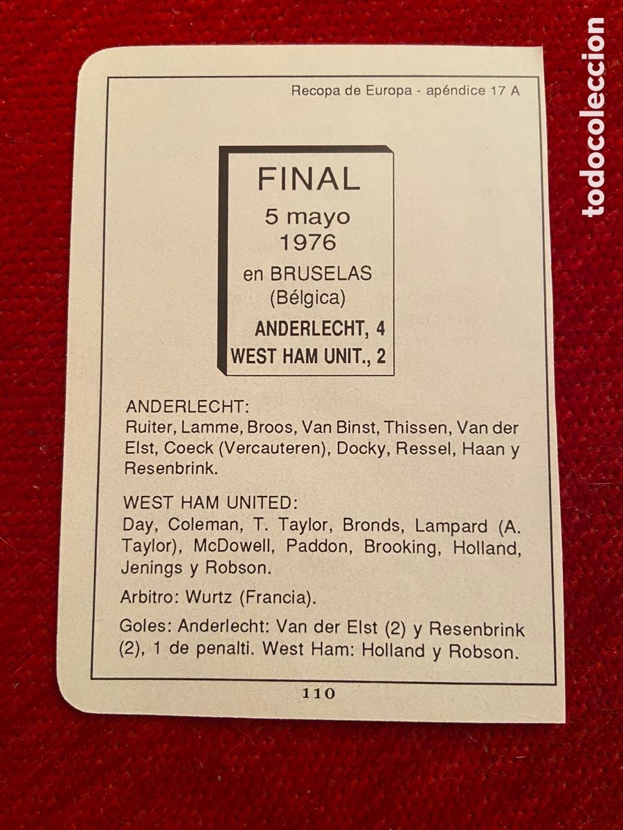 Coleccionismo deportivo: R27671 HOJA RESUMEN PROGRAMA FINAL RECOPA 1976 ANDERLECHT 4-2 WEST HAM UNITED - Foto 3