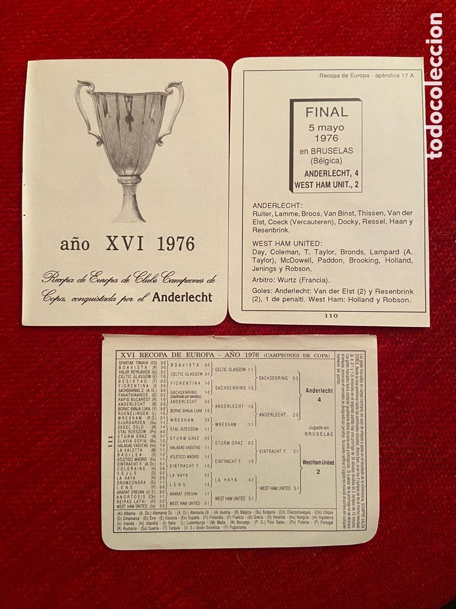 Coleccionismo deportivo: R27671 HOJA RESUMEN PROGRAMA FINAL RECOPA 1976 ANDERLECHT 4-2 WEST HAM UNITED - Foto 1