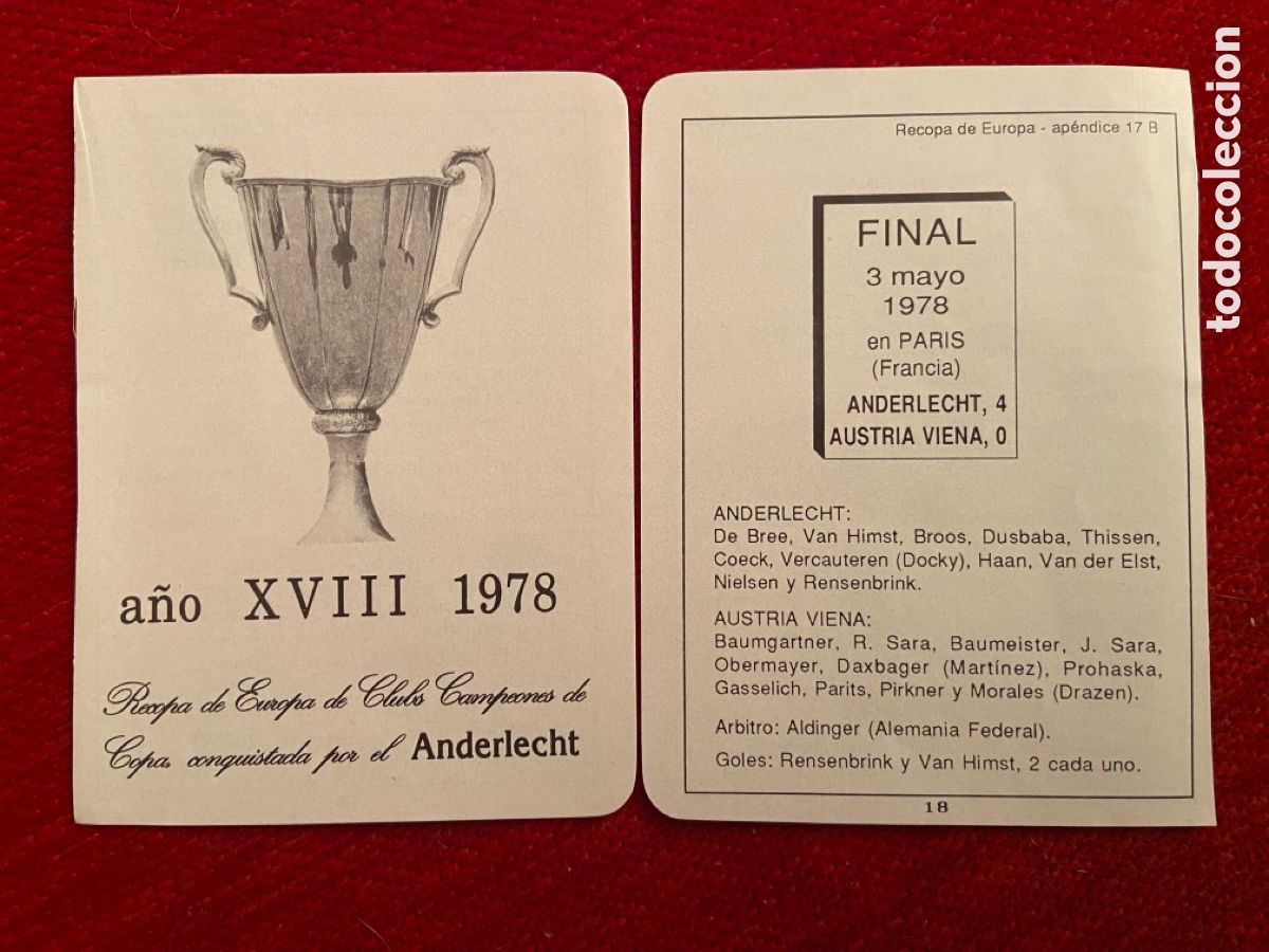 Coleccionismo deportivo: R27673 HOJA RESUMEN PROGRAMA FINAL RECOPA CAMPEONES DE COPA 1978 ANDERLECHT 4-0 AUSTRIA WIEN - Foto 1