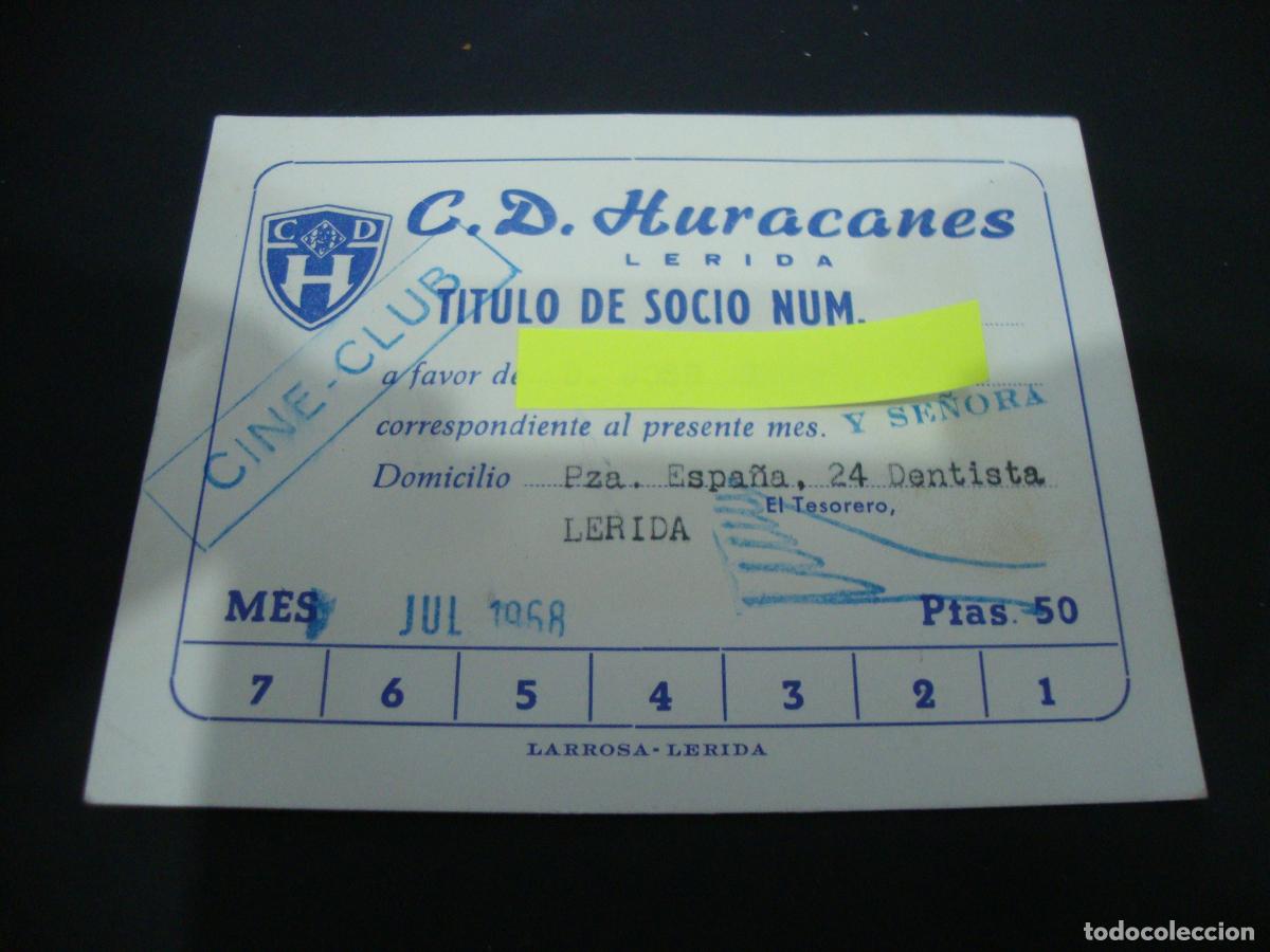 Coleccionismo deportivo: TITULO SOCIO CARNET C D HURACANES LERIDA 1968 - Foto 1