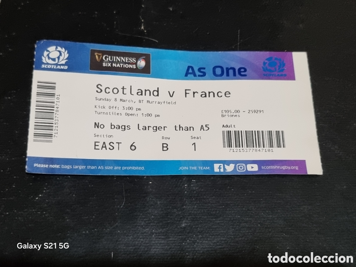 Coleccionismo deportivo: ENTRADA RUGBY - ESCOCIA V FRANCIA 8 DE MARZO 2020 - Foto 1