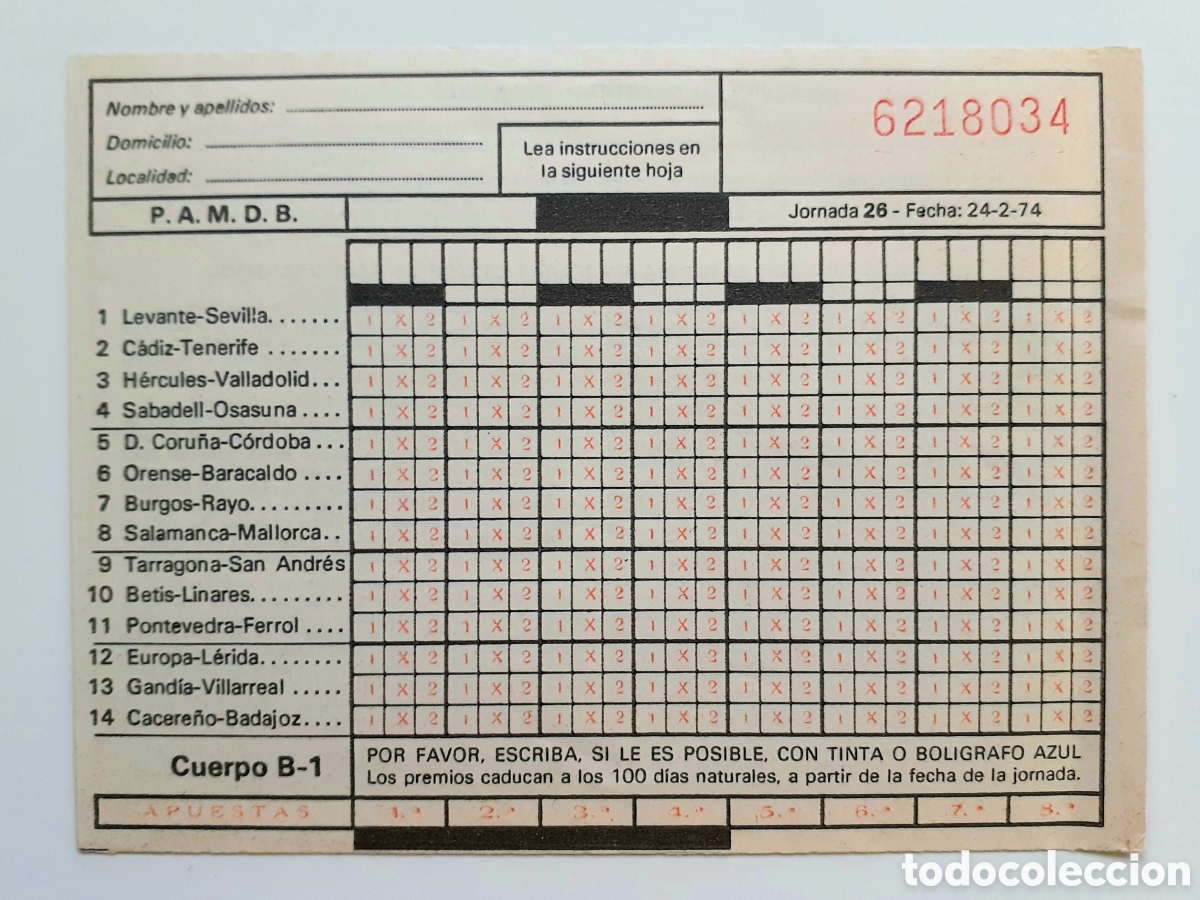 Coleccionismo deportivo: Quiniela jornada 26 de 24-2-1974 - Foto 1