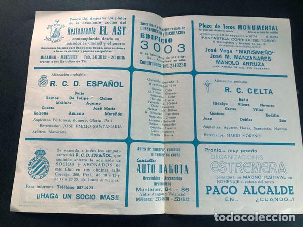 Coleccionismo deportivo: PROGRAMA FUTBOL 1974 - 75 / R.C.D. ESPA&Ntilde;OL - R.C. CELTA / SOLSONA, MARA&Ntilde;ON / - Foto 2