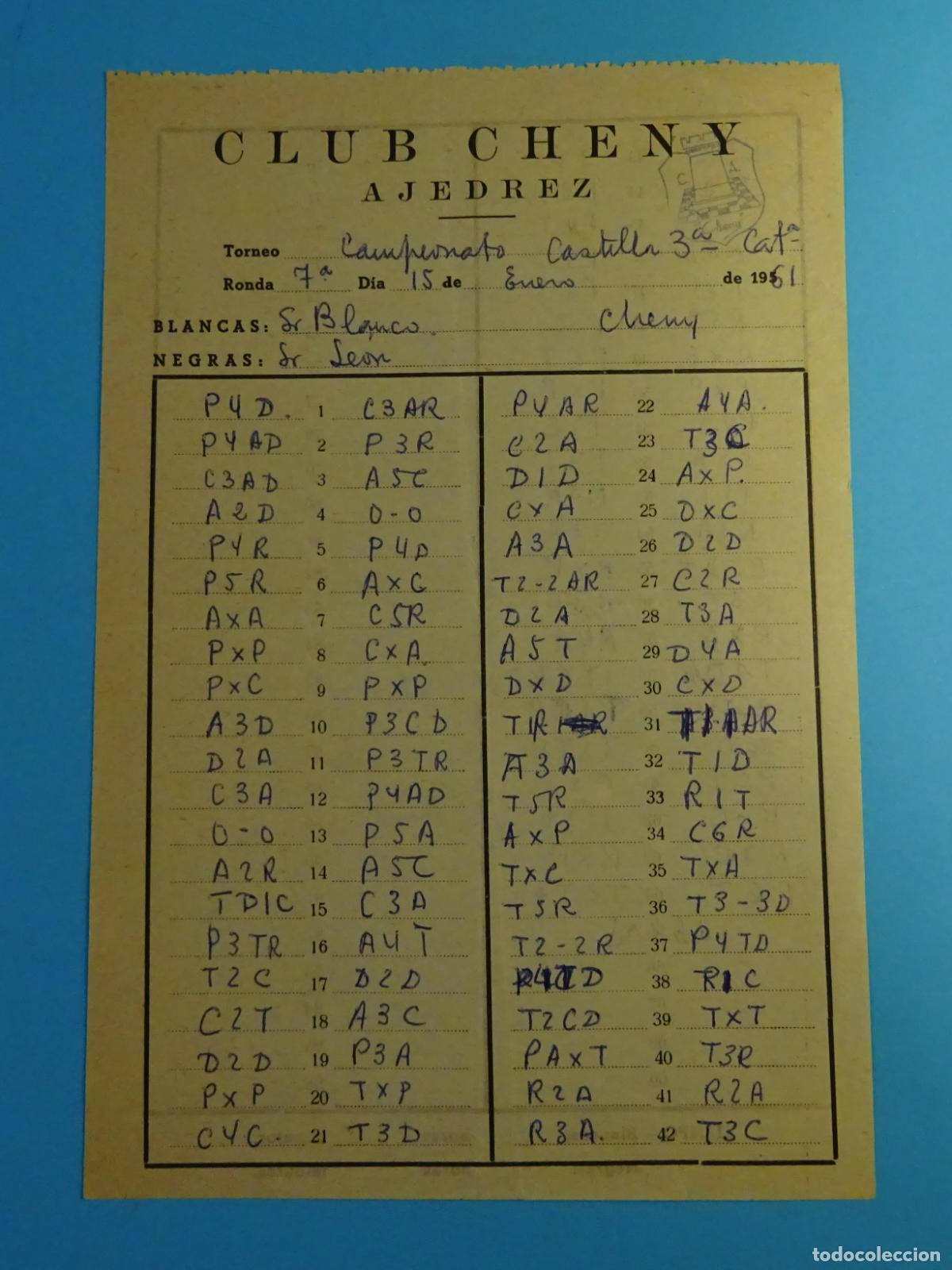 Coleccionismo deportivo: HOJA PLANILLA ANOTACI&Oacute;N AJEDREZ. CLUB CHENY - Foto 1