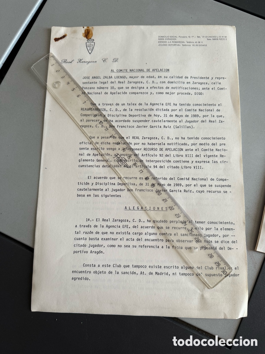 Coleccionismo deportivo: Documentos REAL ZARAGOZA. 1989. Recurso de Apelaci&oacute;n ( SALILLAS ) - Foto 2