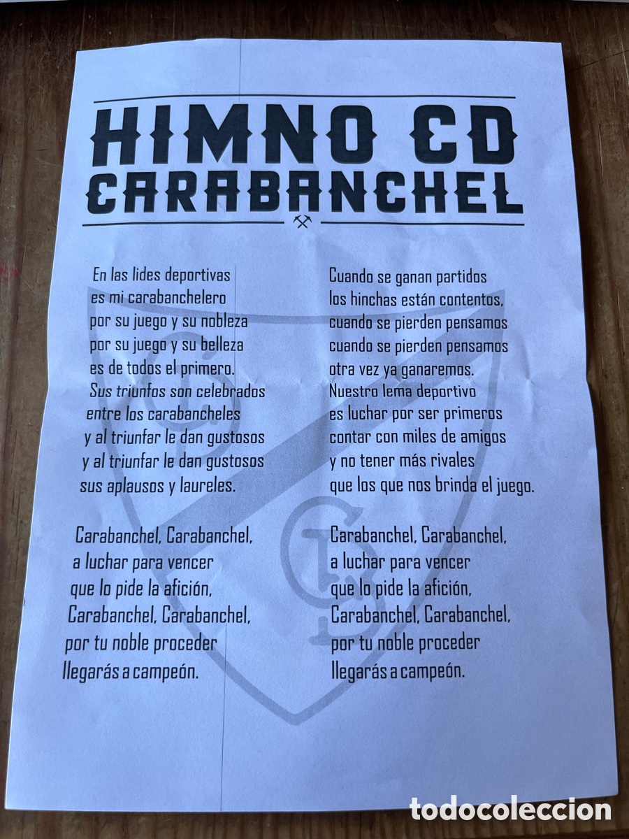 Coleccionismo deportivo: R30837 DOCUMENTO CON LETRA DEL HIMNO CD CARABANCHEL - Foto 1