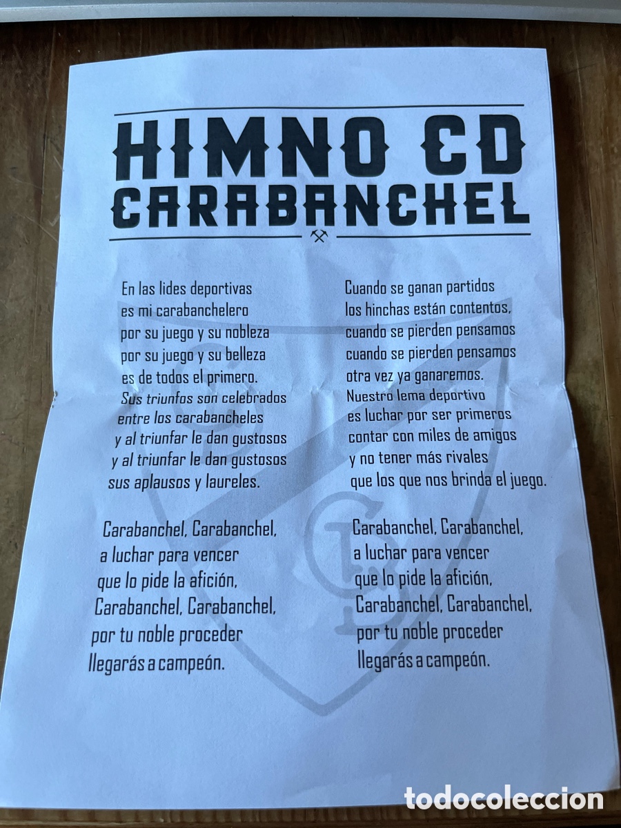 Coleccionismo deportivo: R30838 DOCUMENTO CON LETRA DEL HIMNO CD CARABANCHEL - Foto 1