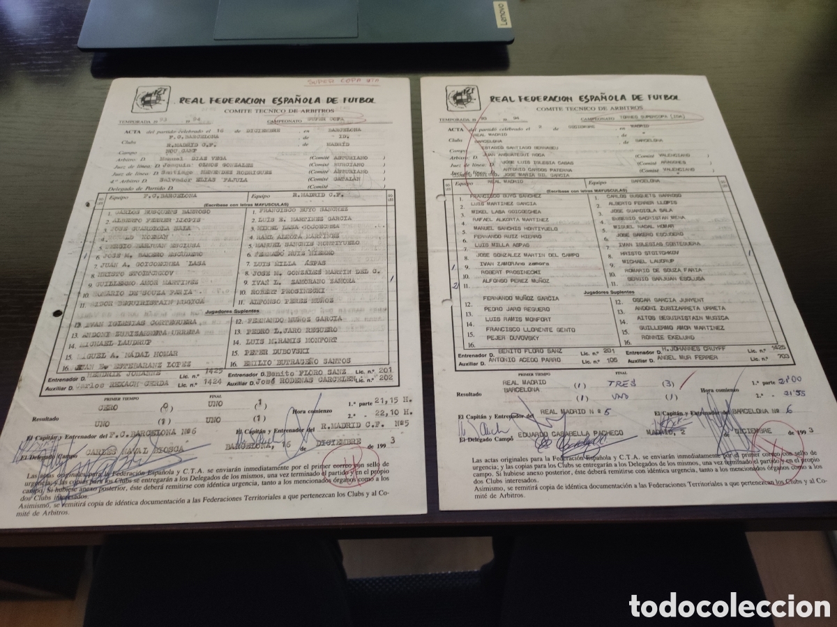 Coleccionismo deportivo: Actas originales Supercopa f&uacute;tbol 1993-94 (ida y vuelta) - Foto 1