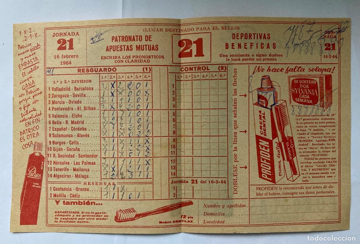 Coleccionismo deportivo: Quiniela 16 febrero 1964 - Foto 1