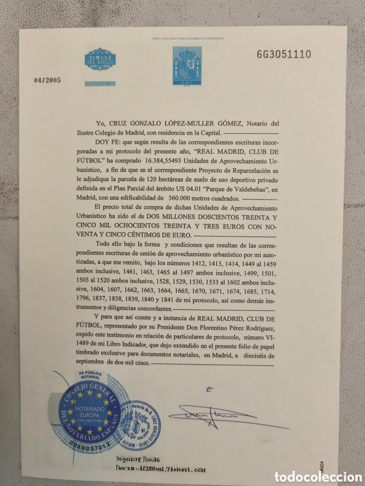 Coleccionismo deportivo: Documento notarial Real Madrid Valdebebas - Foto 1