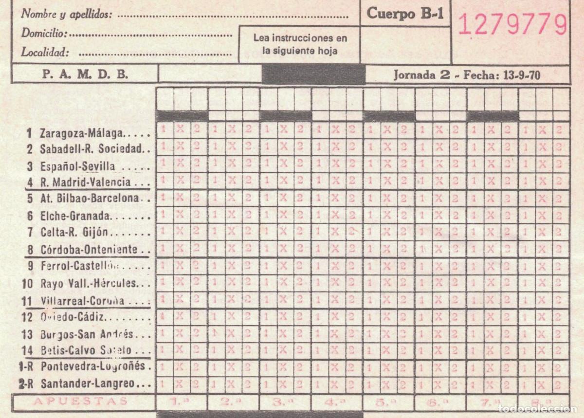 Coleccionismo deportivo: QUINIELA - NUEVA - SIN USAR - JORNADA 2 13-9-70 - A&Ntilde;O 1970