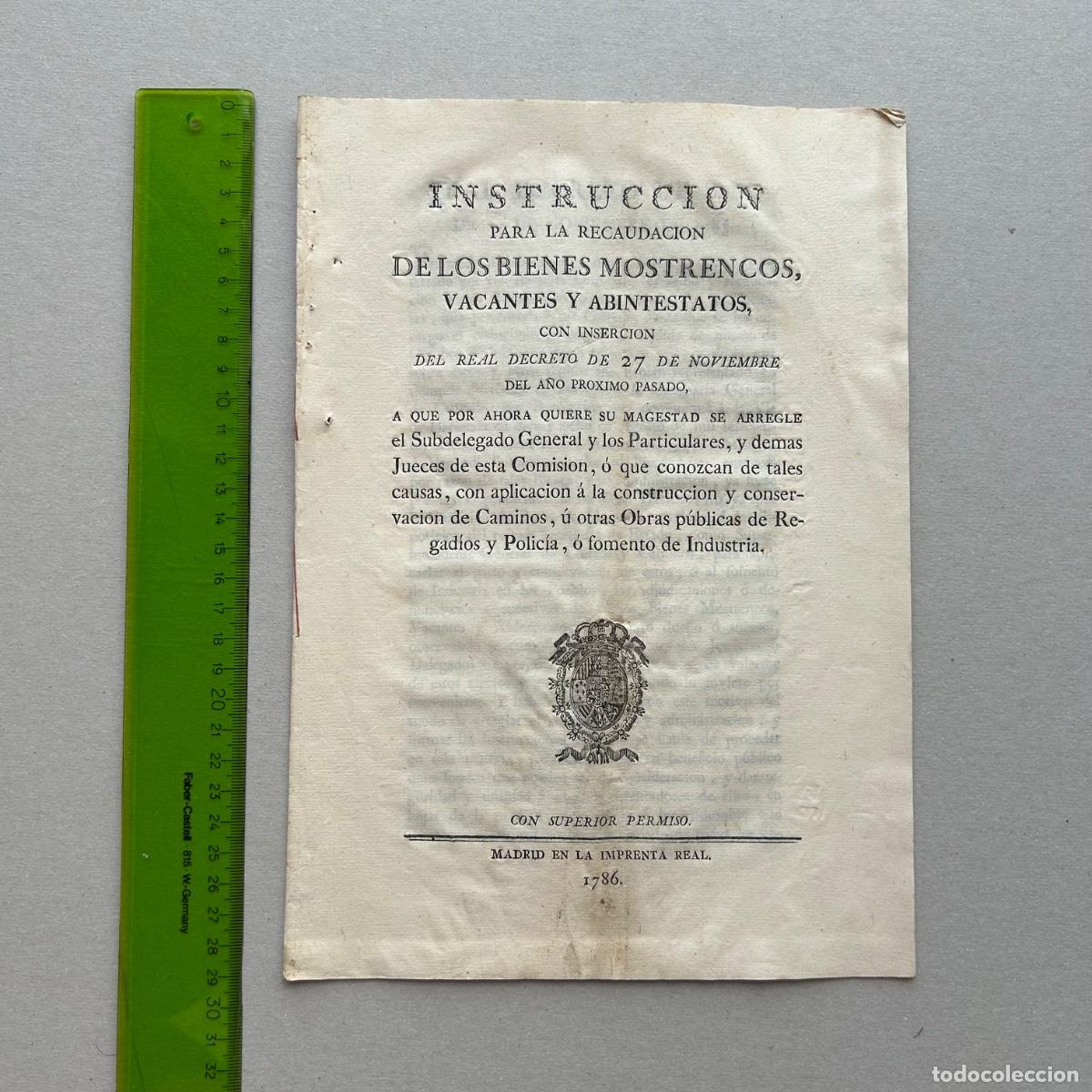 Coleccionismo deportivo: Real Decreto 1786: Herencias y Bienes Mostrencos Abintestato, Imprenta Real Madrid, Carlos III