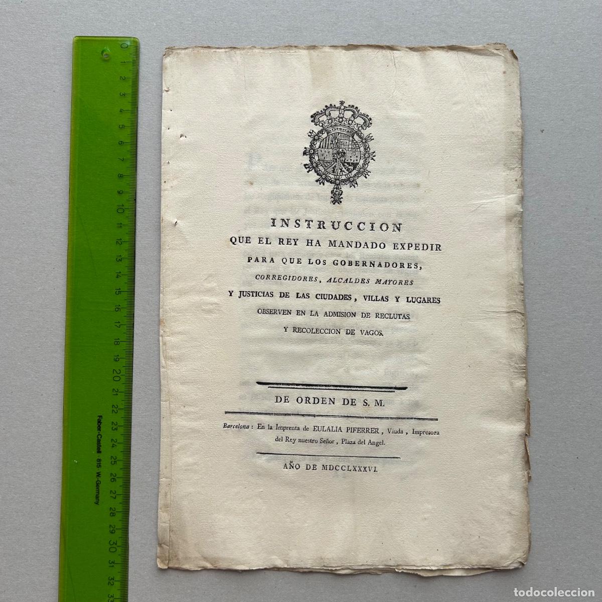 Coleccionismo deportivo: Instrucci&oacute;n Real 1786: Recluta de Voluntarios y &rdquo;Recolecci&oacute;n de Vagos&rdquo;. Imprenta Eulalia Piferrer