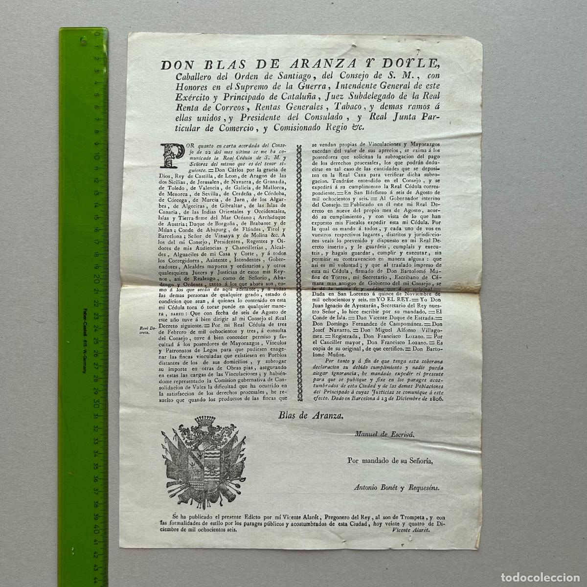 Coleccionismo deportivo: Edicto 1806: Carlos IV y Blas de Aranza. Venta de Mayorazgos en Catalu&ntilde;a. Documento Hist&oacute;rico Raro
