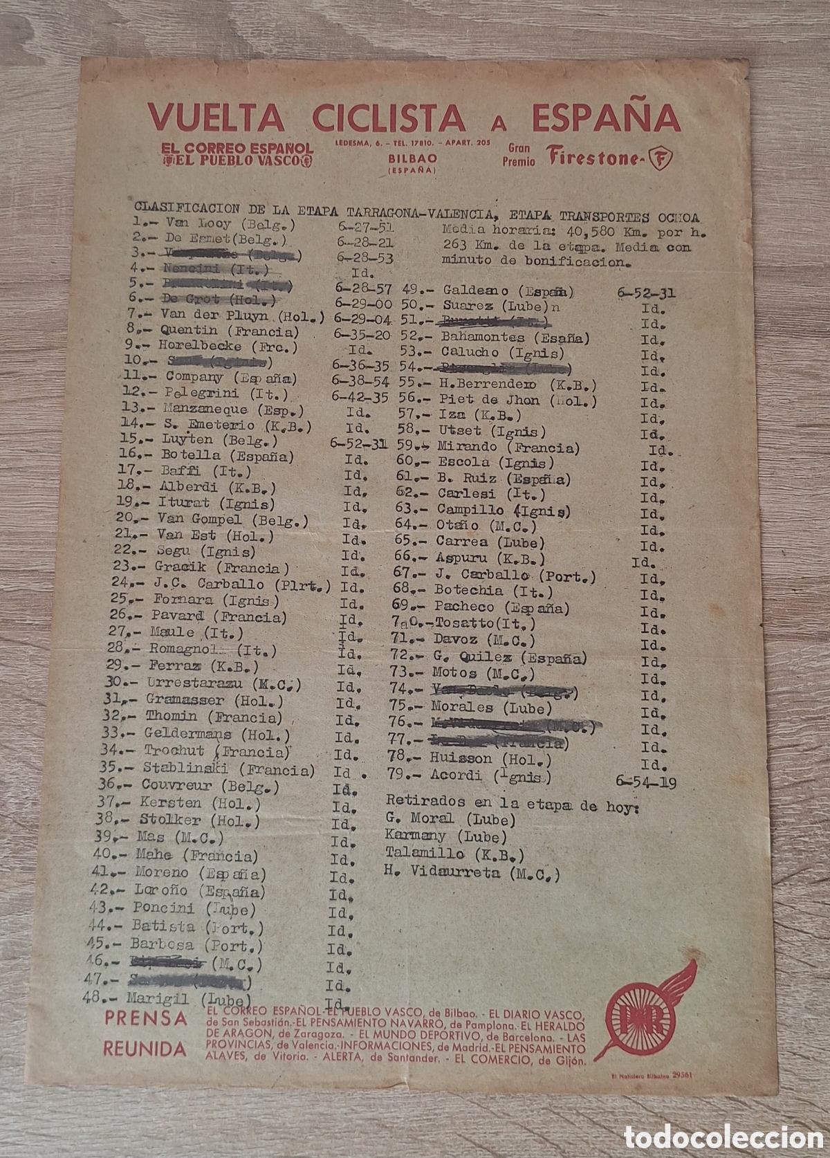 Coleccionismo deportivo: Hoja Prensa Vuelta Ciclista Espa&ntilde;a - Etapa Tarragona - Valencia - Mayo 1958 - Van Looy - Bahamontes