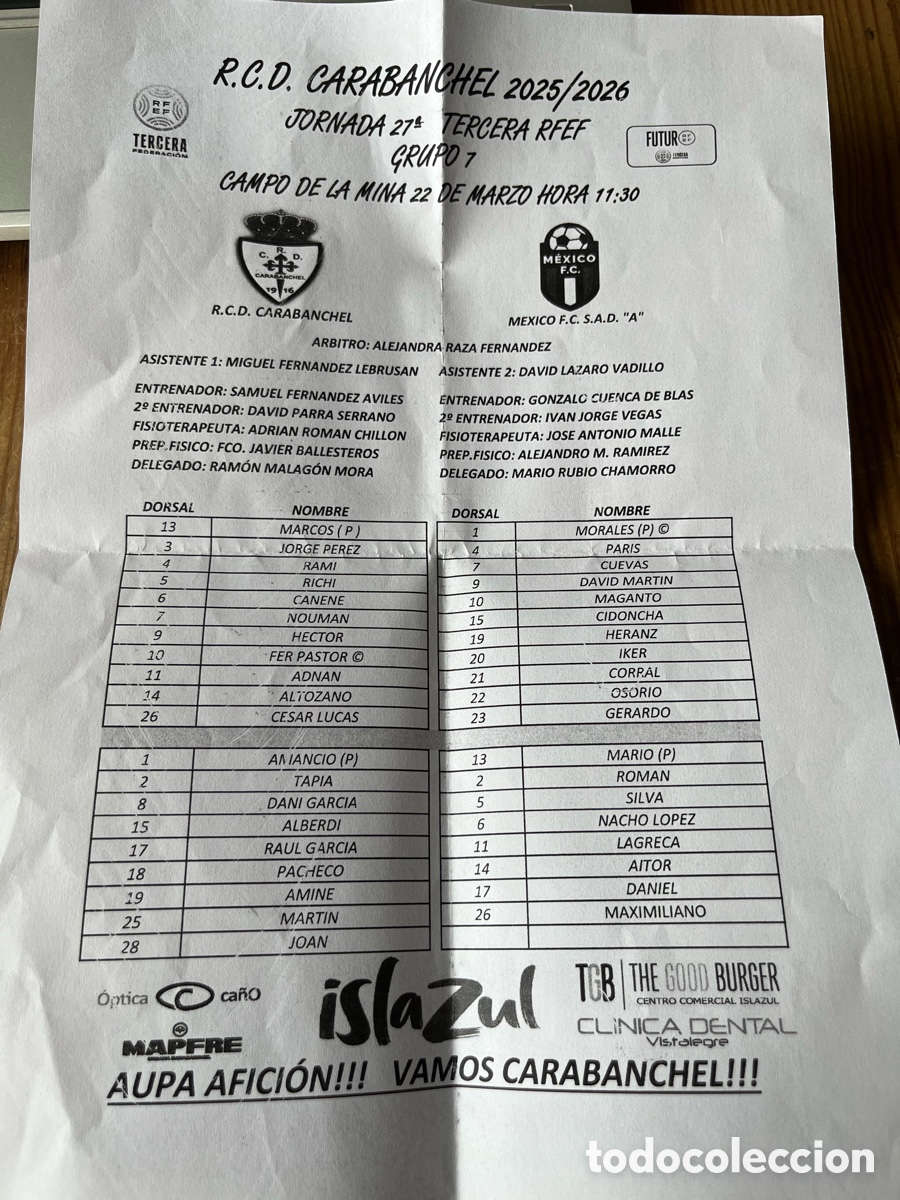 Coleccionismo deportivo: R31851 DOCUMENTO LINE-UPS ALINEACIONES REAL CARABANCHEL MEXICO LIGA TEMPORADA 2025 2026