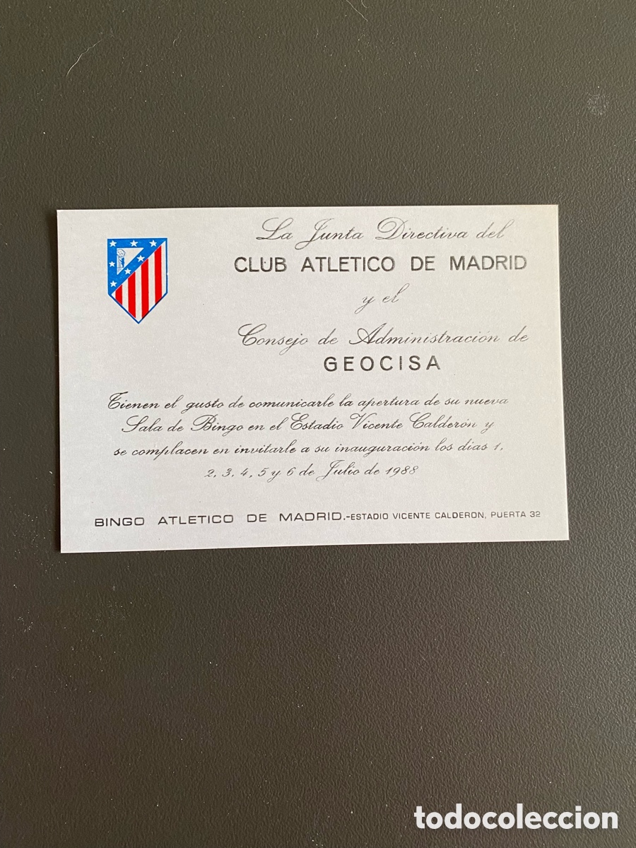 Coleccionismo deportivo: Tarjeta de Invitaci&oacute;n Original - Inauguraci&oacute;n Bingo Estadio Vicente Calder&oacute;n (1988)
