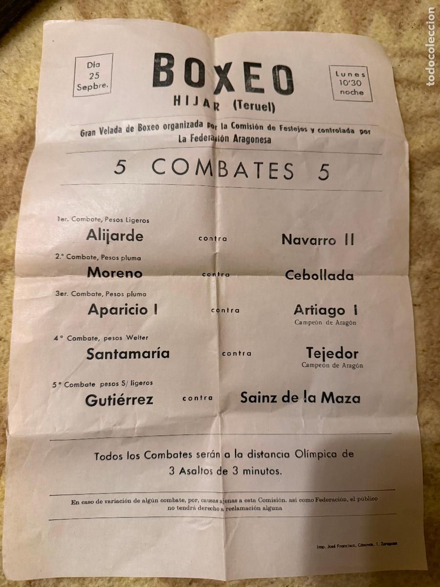 Coleccionismo deportivo: Gran velada de boxeo hijar teruel a&ntilde;os 50/60