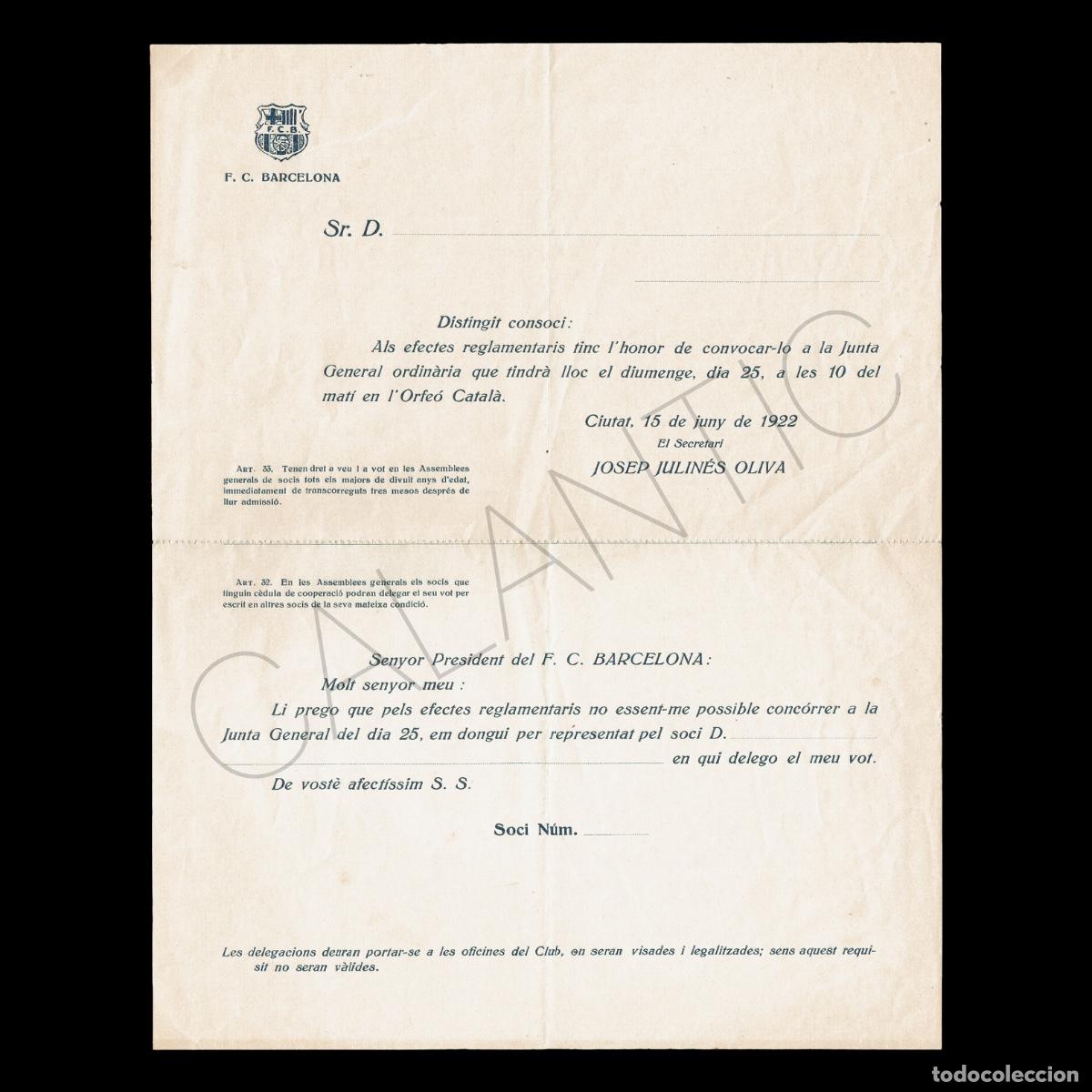 Coleccionismo deportivo: Futbol Club Barcelona &ndash; Any 1922 &ndash; Junta General Ordin&agrave;ria Orfe&oacute; Catal&agrave; Bar&ccedil;a
