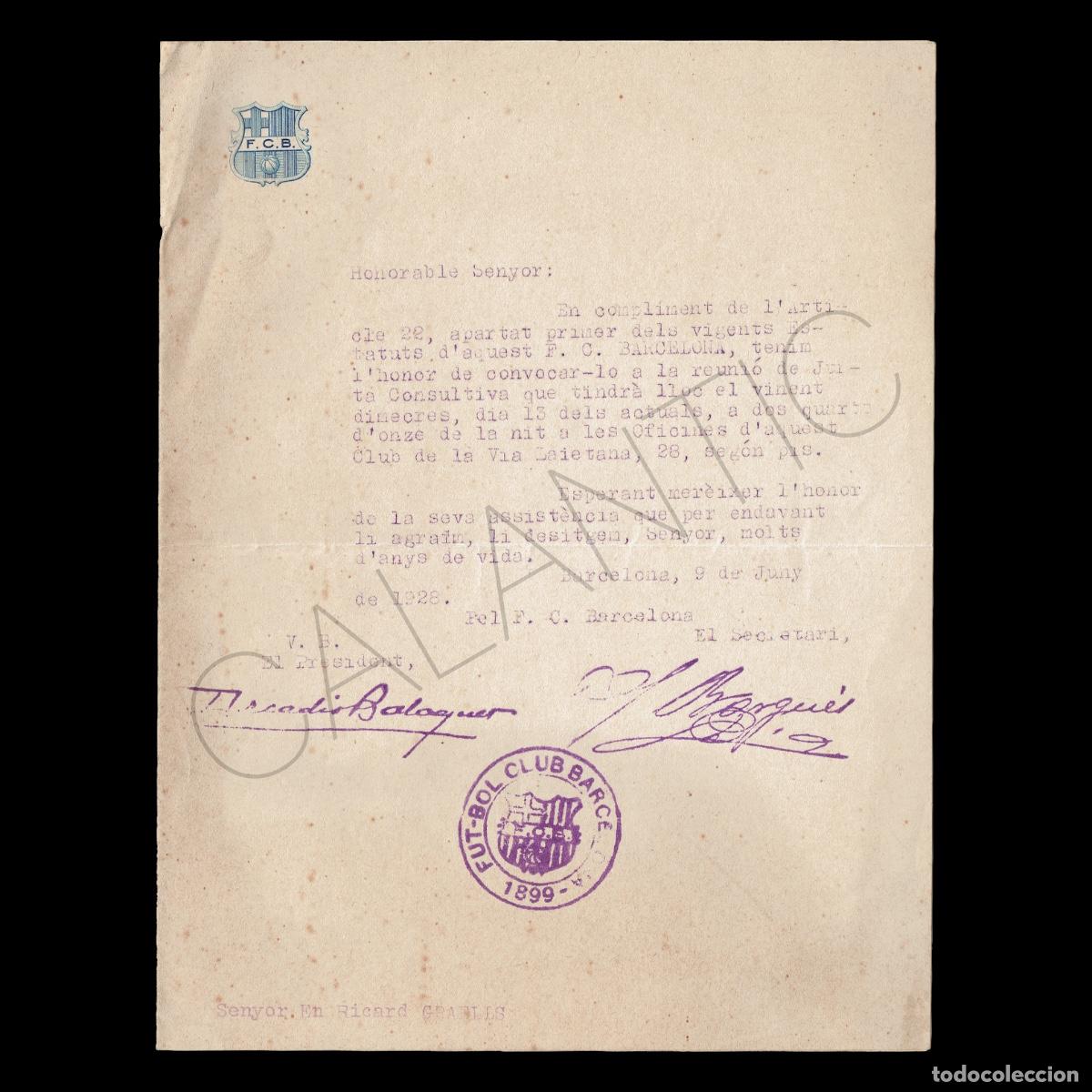 Coleccionismo deportivo: Futbol Club Barcelona &ndash; Document adre&ccedil;at a Ricard Graells president &ndash; 1928 Bar&ccedil;a
