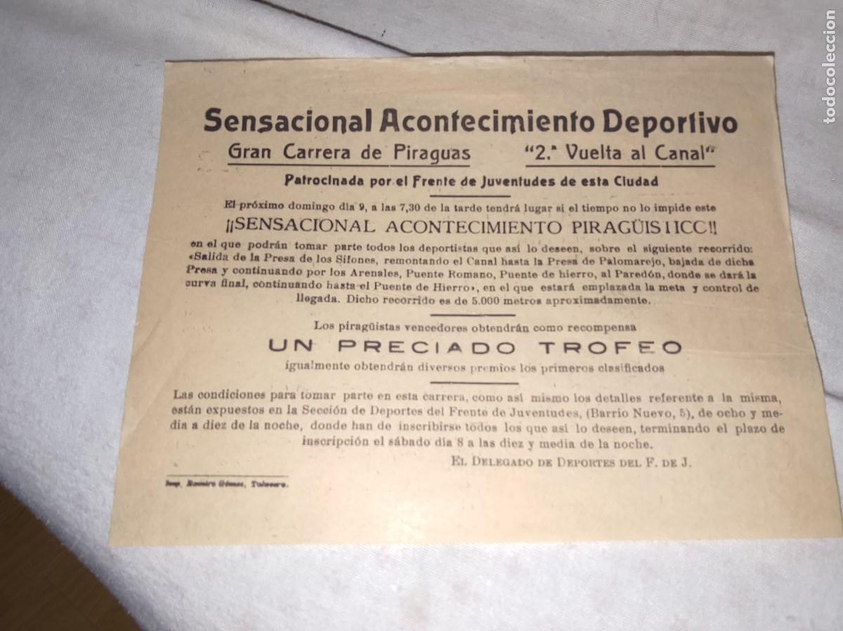 Coleccionismo deportivo: Publicidad de una carrera de piraguas en a&ntilde;os 40 en la provincia de Toledo