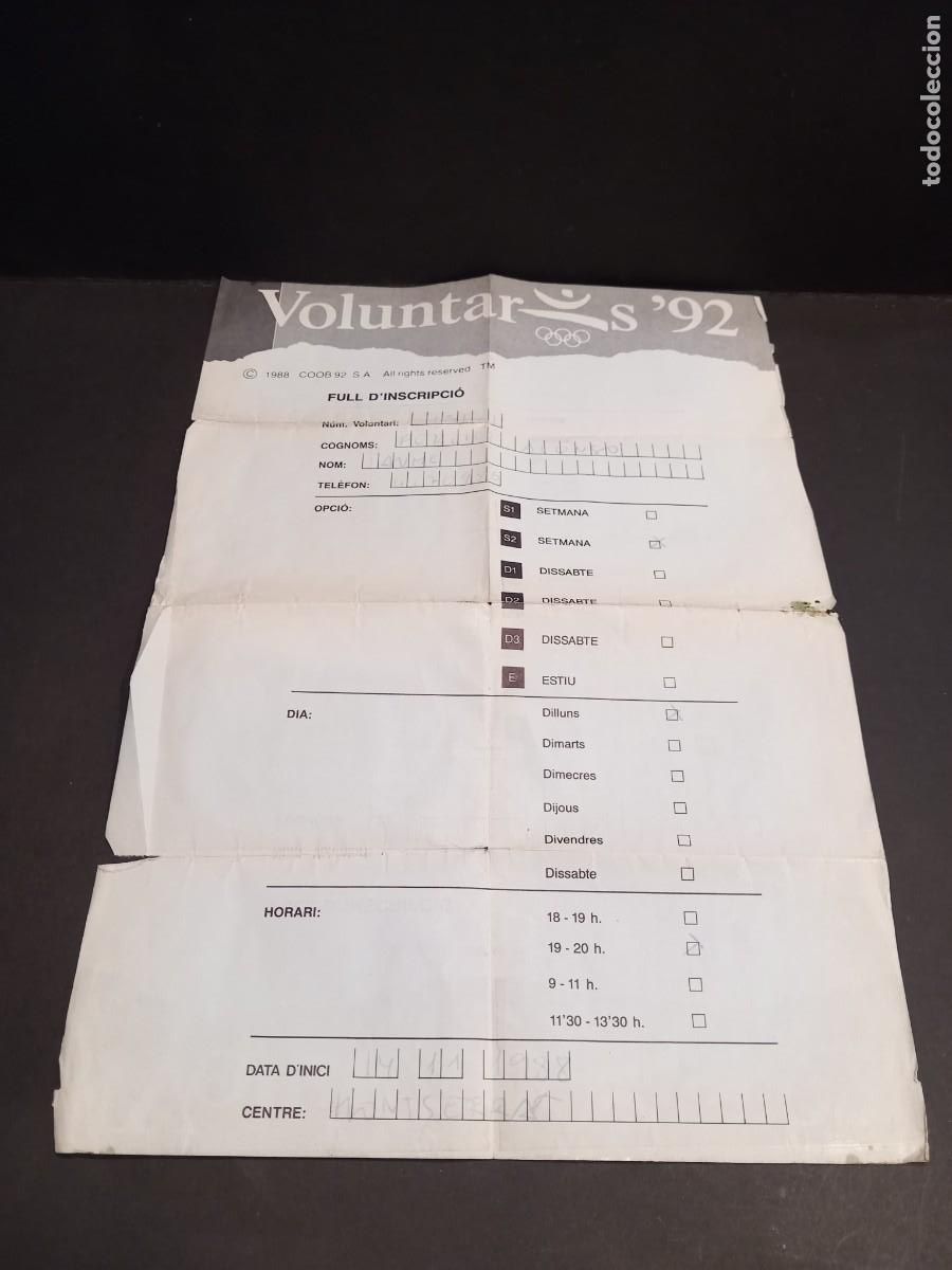 Coleccionismo deportivo: OLIMPIADAS DE BARCELONA 1992 VOLUNTARIOS HOJA DE INSCRIPCI&Oacute;N / COMPRA M&Iacute;NIMA 5&euro;