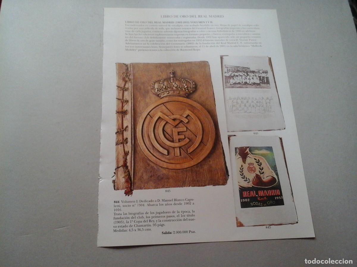 Coleccionismo deportivo: LIBRO DE ORO DEL REAL MADRID. RECORTE DE SUBASTA DE OCTUBRE DE 2001. DOCUMENTO RARO. FUTBOL
