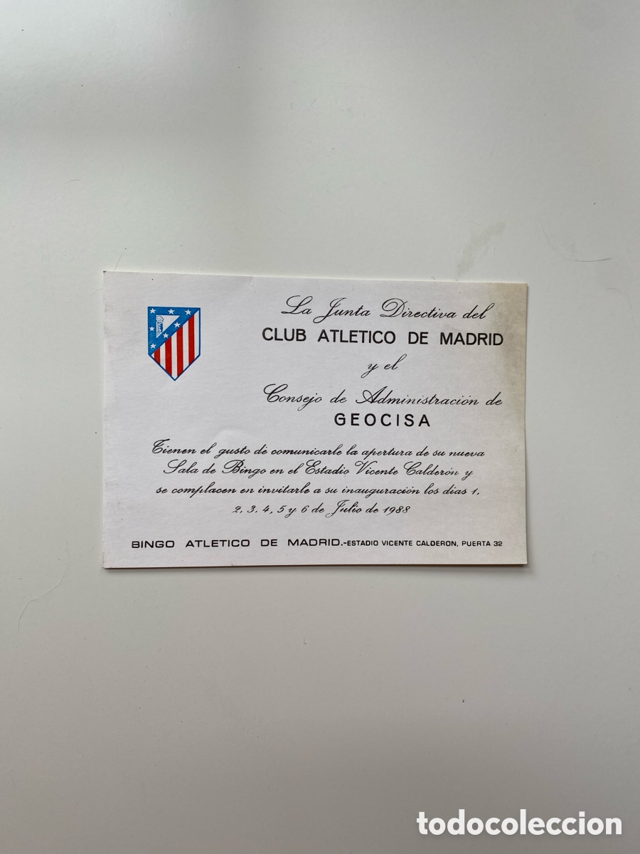 Coleccionismo deportivo: Tarjeta de Invitaci&oacute;n Original - Inauguraci&oacute;n Bingo Estadio Vicente Calder&oacute;n (1988)