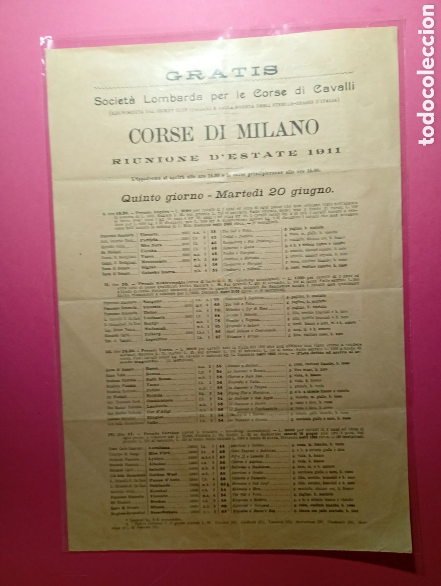 Coleccionismo deportivo: CARRERAS DE CABALLOS HIP&Oacute;DROMO DE MIL&Aacute;N 1911 MARTES 20 DE JUNIO todo italiano participantes carreras