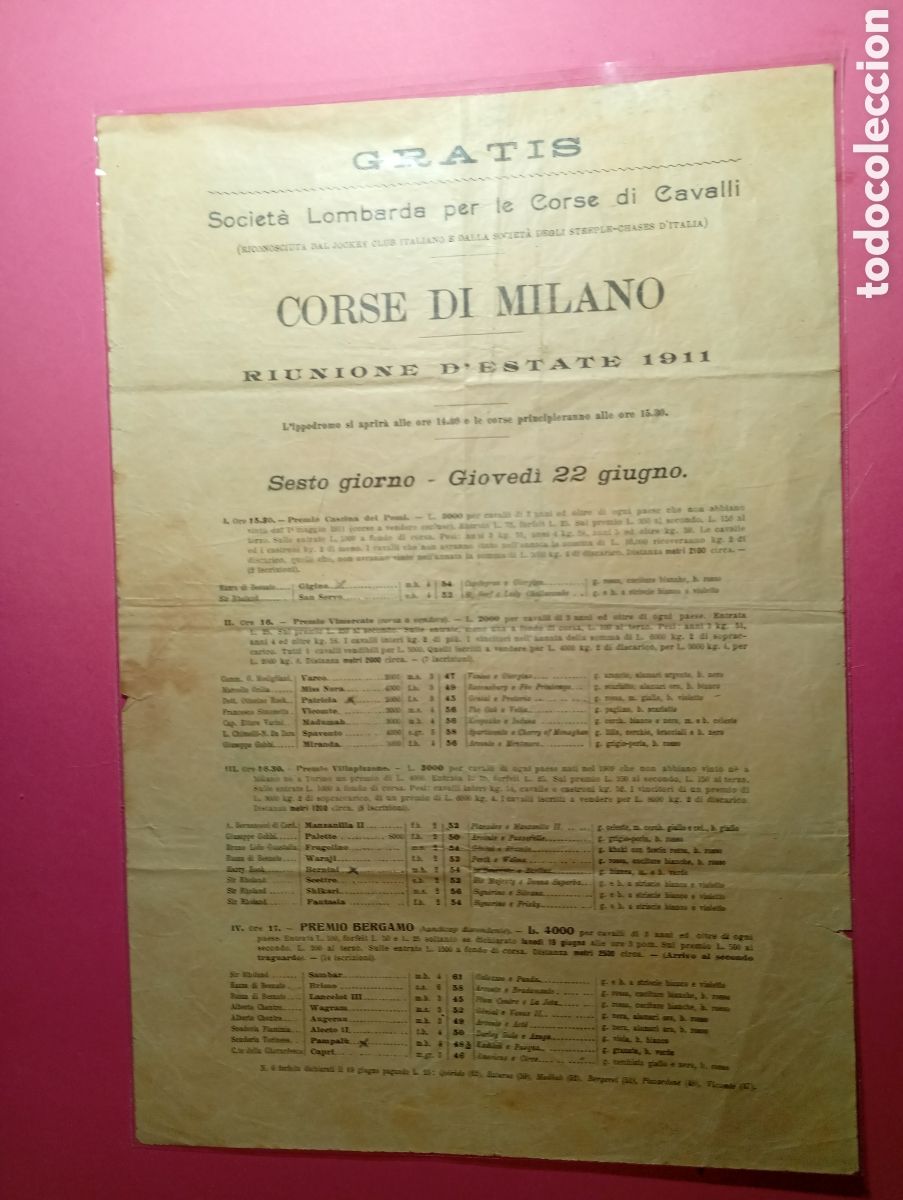 Coleccionismo deportivo: CARRERAS DE CABALLOS HIP&Oacute;DROMO DE MIL&Aacute;N 1911 JUEVES 22 DE JUNIO todo italiano participantes carreras