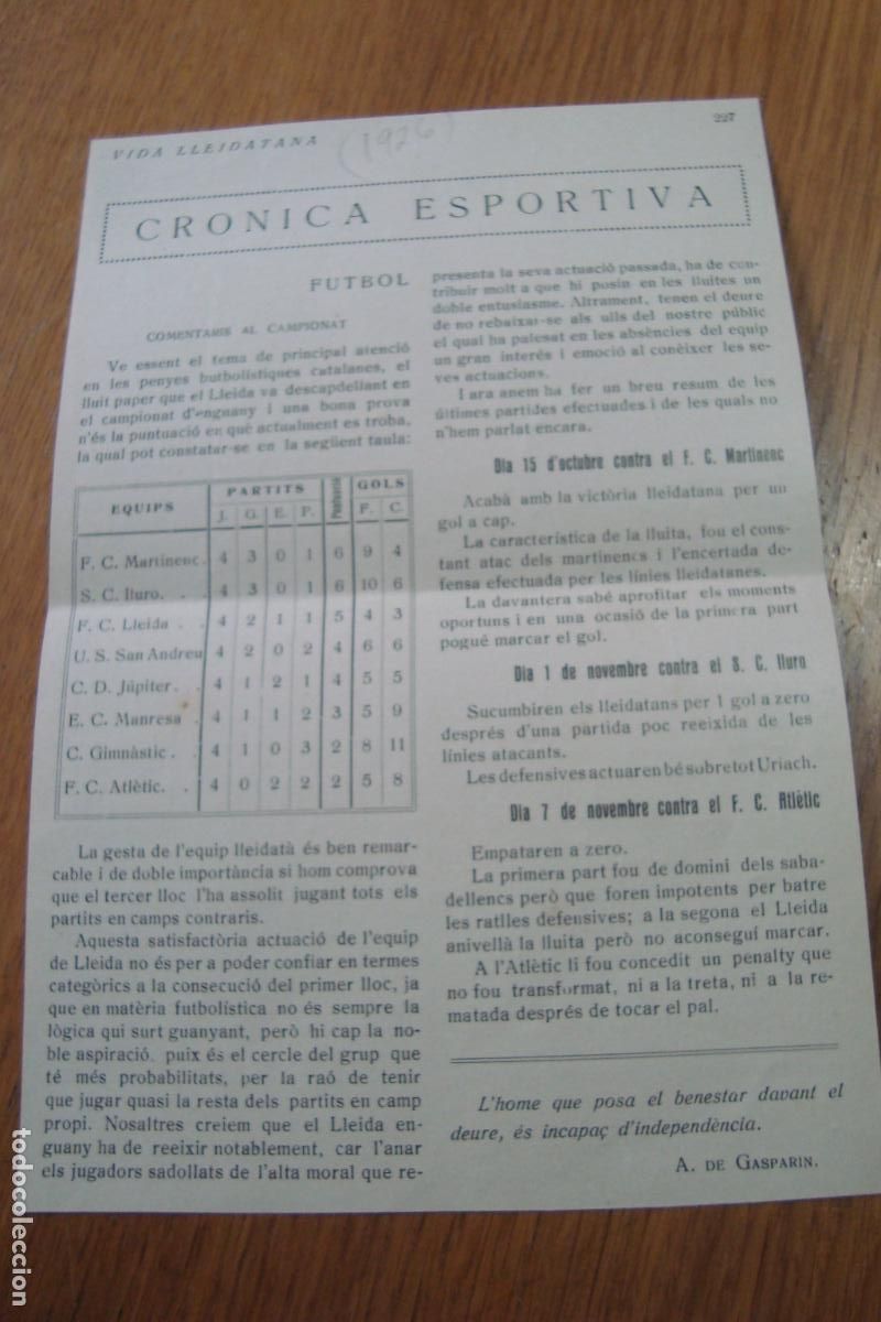 Coleccionismo deportivo: ANTIGUO RECORTE CRONICA DEPORTIVA FUTBOL LLEIDA 1926