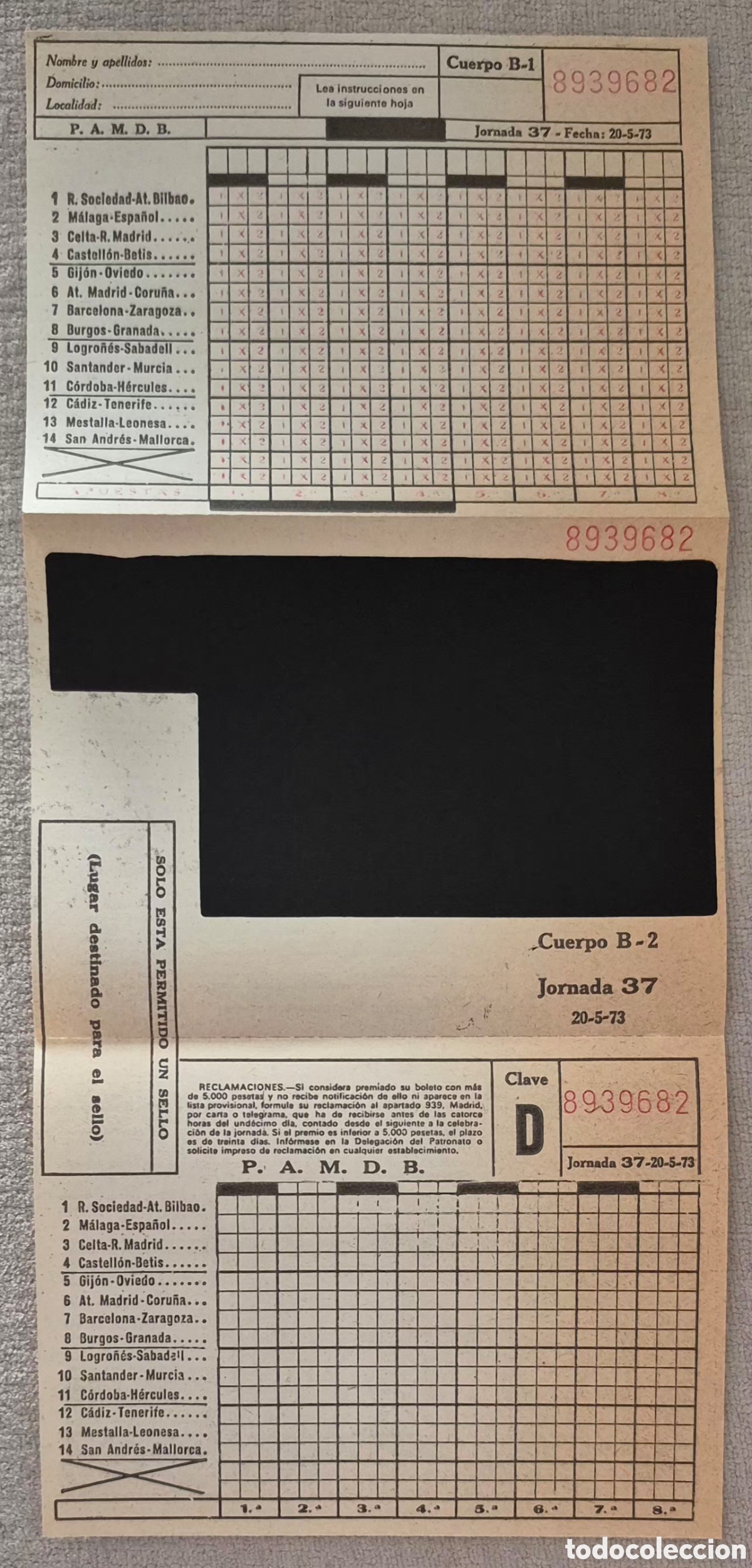 Coleccionismo deportivo: QUINIELA SIN USAR DE LA JORNADA 37 DEL 20-5-73 - Foto 2