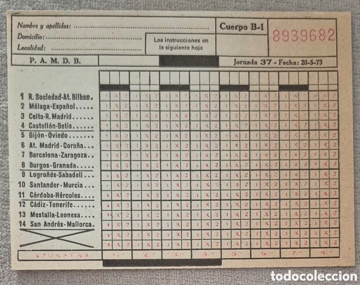 Coleccionismo deportivo: QUINIELA SIN USAR DE LA JORNADA 37 DEL 20-5-73 - Foto 1