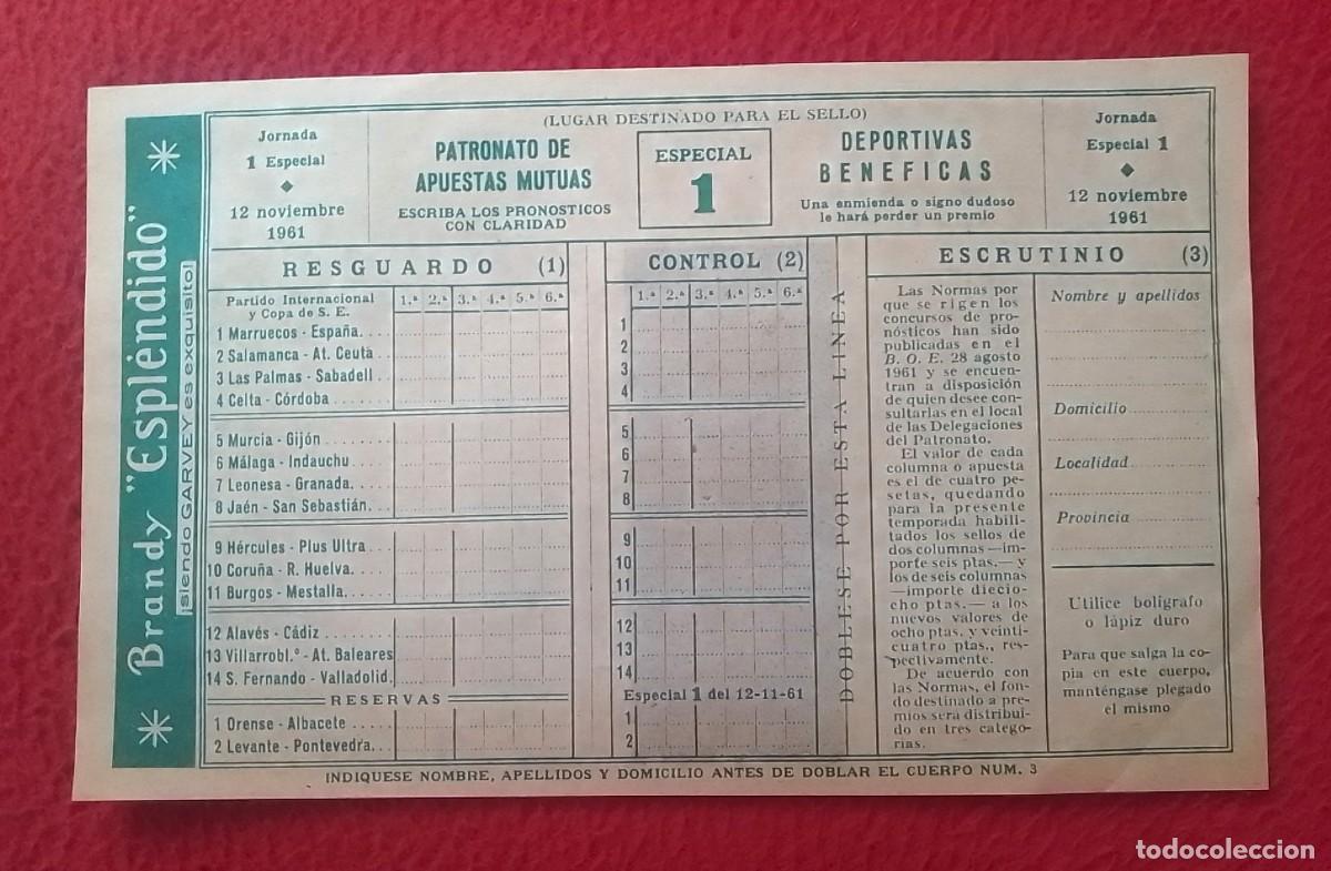 Coleccionismo deportivo: BOLETO DE QUINIELA 1961 F&Uacute;TBOL JORNADA 1 ESPECIAL MARRUECOS-ESPA&Ntilde;A..D&Uacute;GAM &Aacute;FRICA PLEXIMAR BRANDY ETC