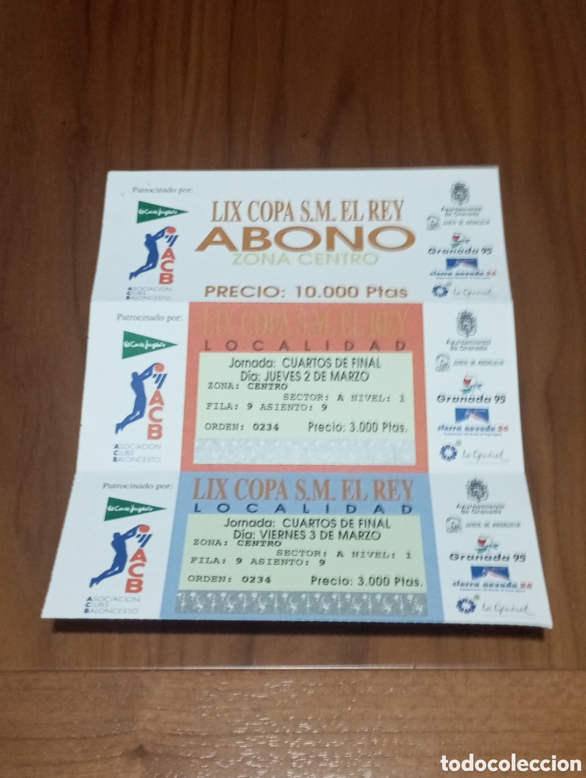 Coleccionismo deportivo: ABONO ENTRADAS SIN USAR CUARTOS DE FINAL COPA DEL REY BALONCESTO ACB GRANADA 1995 - Foto 1