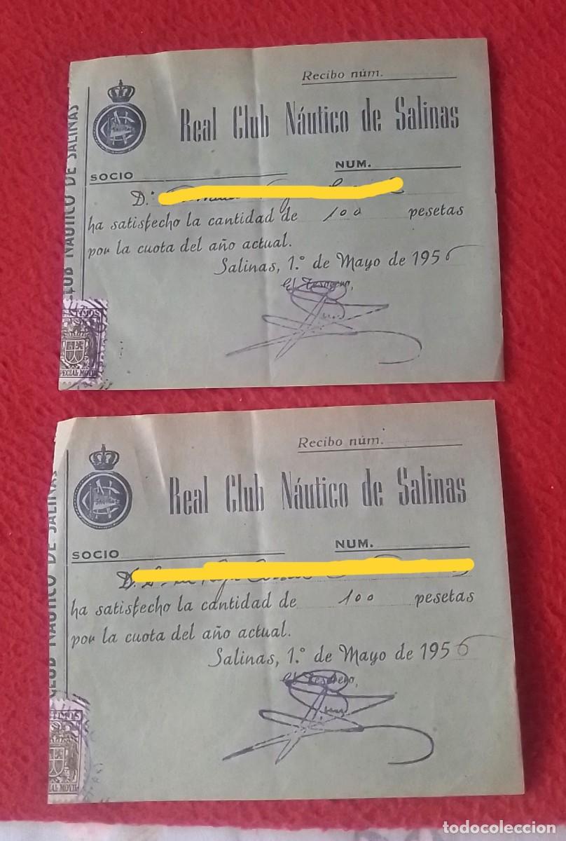 Coleccionismo deportivo: ANTIGUA COLECCI&Oacute;N DE DOS RECIBOS SOCIOS CUOTAS DEL REAL CLUB N&Aacute;UTICO DE SALINAS ASTURIAS, 1956...