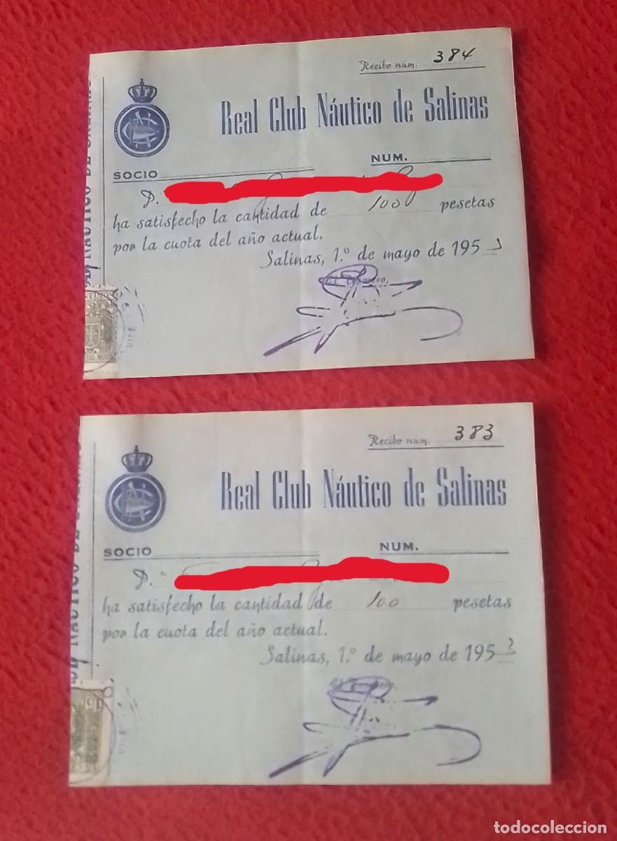 Coleccionismo deportivo: ANTIGUA COLECCI&Oacute;N DE DOS RECIBOS SOCIOS CUOTAS DEL REAL CLUB N&Aacute;UTICO DE SALINAS ASTURIAS, 1953...