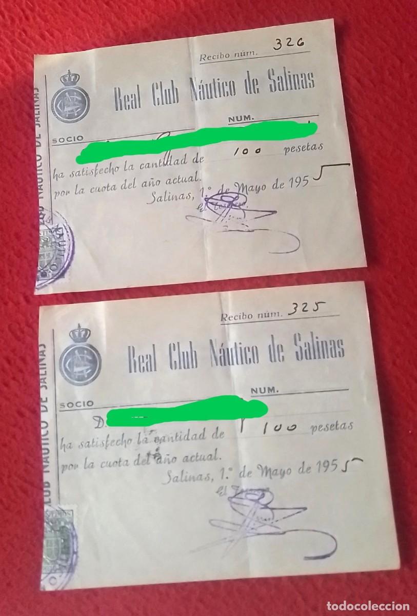 Coleccionismo deportivo: ANTIGUA COLECCI&Oacute;N DE DOS RECIBOS SOCIOS CUOTAS DEL REAL CLUB N&Aacute;UTICO DE SALINAS ASTURIAS, 1955...