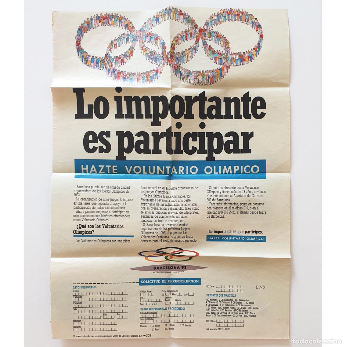 Coleccionismo deportivo: Folleto CANDIDATURA BARCELONA 92 Voluntarios SOLICITUD Preinscripci&oacute;n 1986 CCS Olimp&iacute;adas ESPA&Ntilde;OL