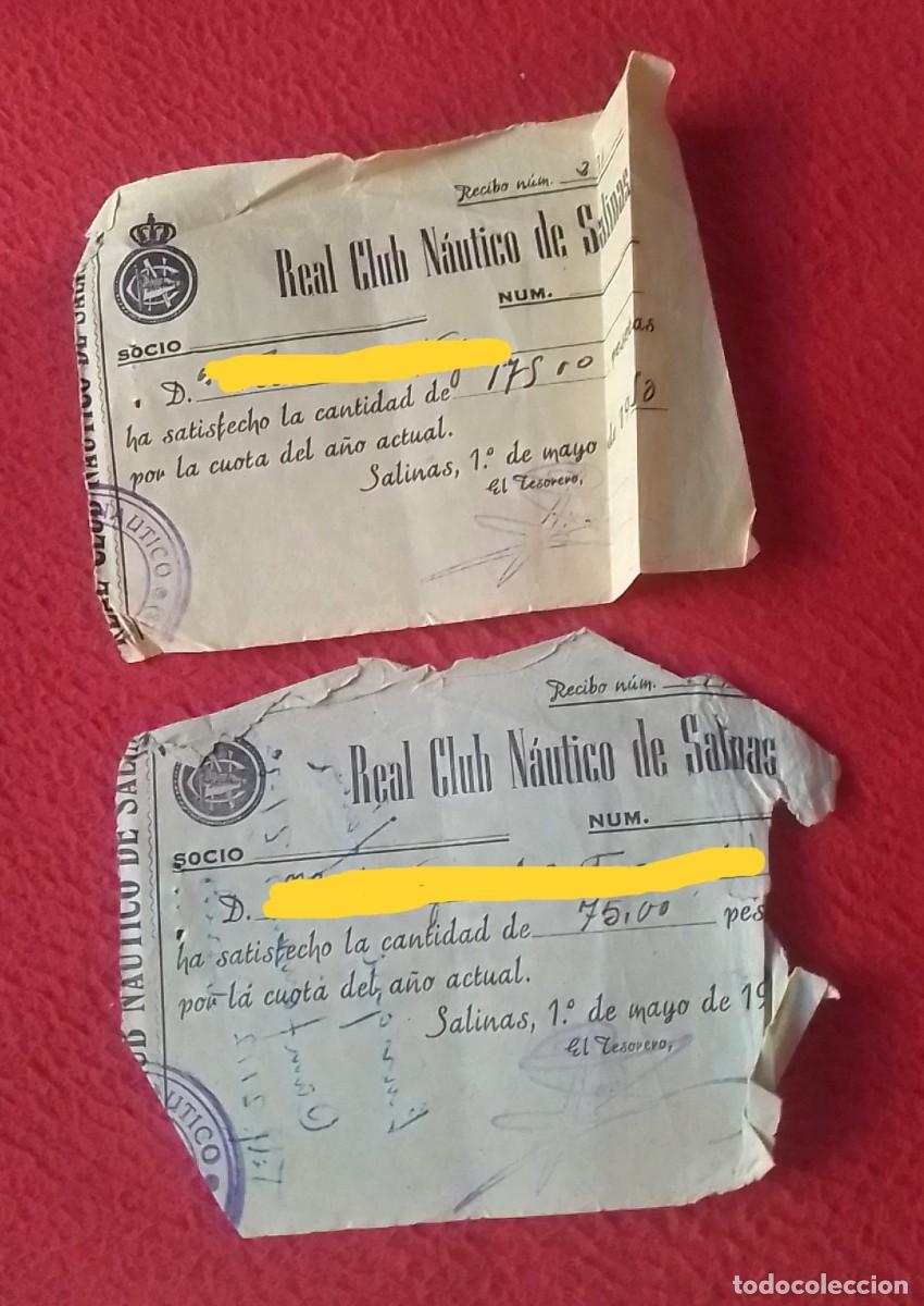 Coleccionismo deportivo: ANTIGUA COLECCI&Oacute;N DE DOS RECIBOS SOCIOS CUOTAS DEL REAL CLUB N&Aacute;UTICO DE SALINAS ASTURIAS, 1950...