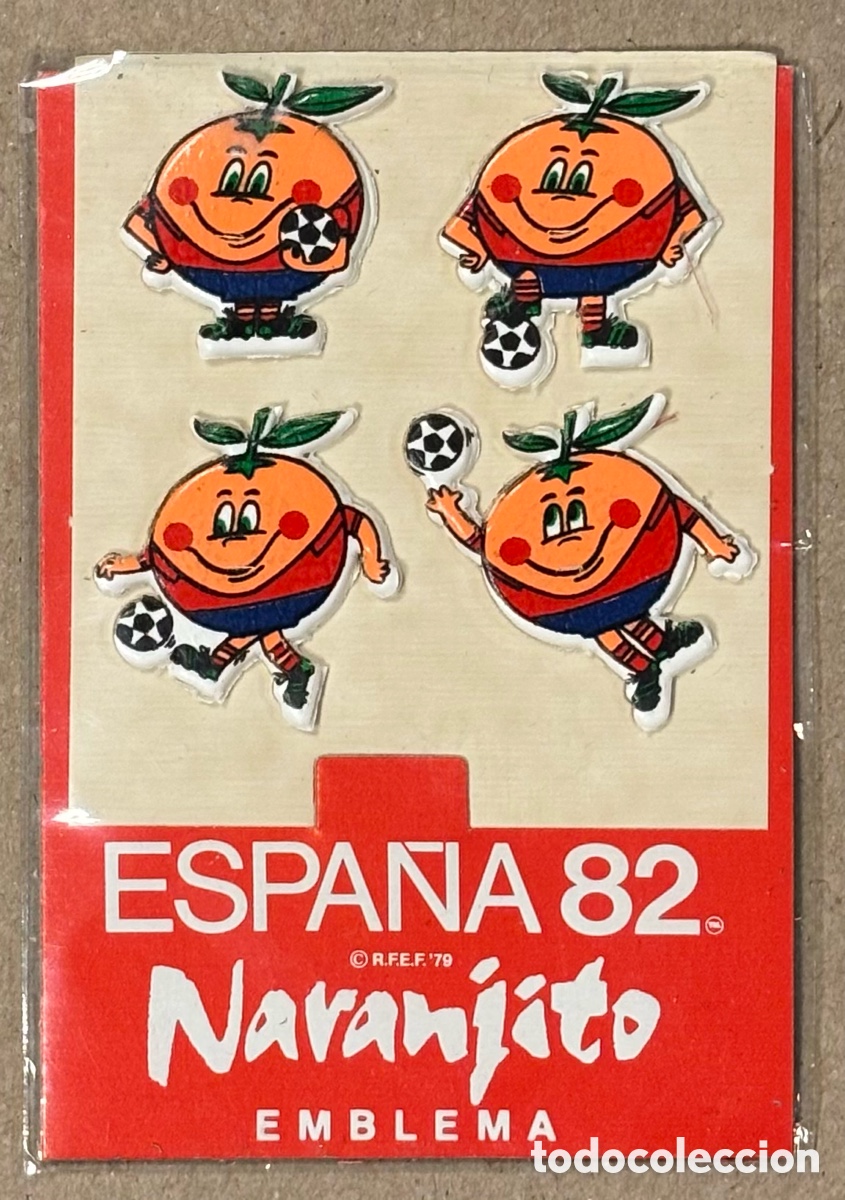 Coleccionismo deportivo: NARANJITO. LOTE DE 4 PEGATINAS MASCOTA MUNDIAL F&Uacute;TBOL ESPA&Ntilde;A &lsquo;82. EN BL&Iacute;STER.